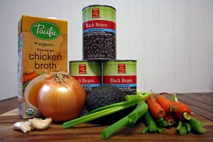 The ingredients for Black Bean Vegetable Soup with Avocado