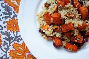 Quinoa sweet potato salad with walnuts and dried cranberries