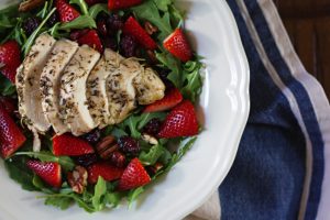 Arugula Salad with Baked Chicken, Strawberries, and Pecans