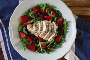 Arugula Salad with Baked Chicken, Strawberries, and Pecans