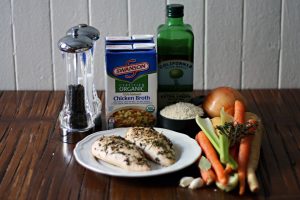Ingredients for easy chicken soup with vegetables and rice