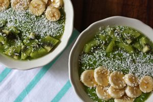 Tropical Green Smoothie Bowl with Pineapple, Mango, Kiwi, Banana, and Spinach