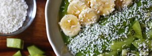 Tropical Green Smoothie Bowl with Pineapple, Mango, Kiwi, Banana, and Spinach