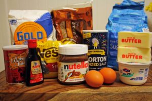 Lots of ingredients for Nutella-stuffed chocolate chip cookies