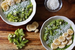 Tropical Green Smoothie Bowl with Pineapple, Mango, Kiwi, Banana, and Spinach